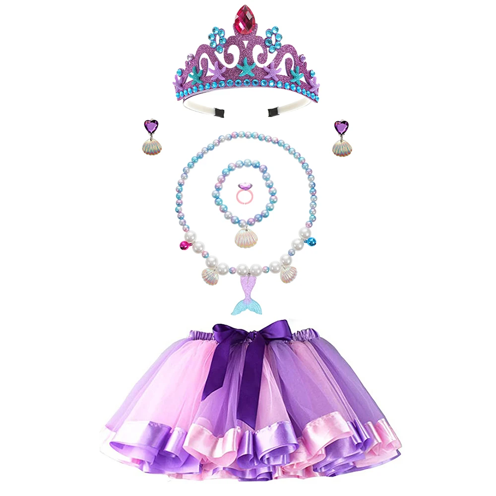 

Princess Dress Up Accessory Mermaid Crown Necklace Earrings Ring and Bracelet with Tutu Skirt for Girl Birthday Party Costume