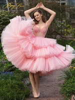 puffy pink prom dresses wedding party dress strapless party dress crystal short evening dress layers puffy prom dress girl dress