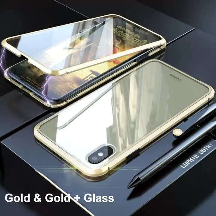 Gold Магнитная Адсорбция прозрачная пленка из закаленного Стекло два боковых Стекло крышка чехол для iPhone X XS макс 7 8 Plus - Цвет: Gold
