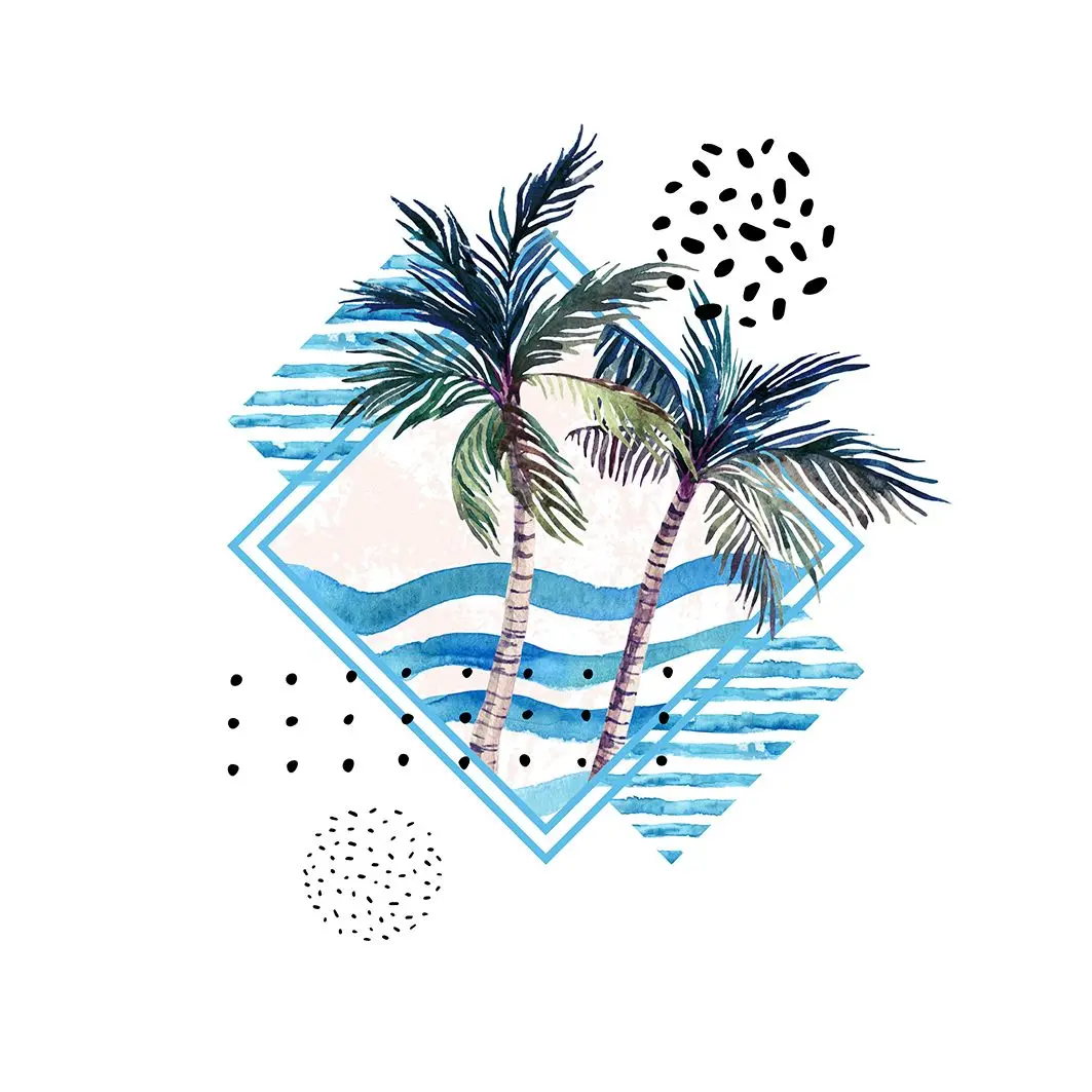 

Curtain Sea Waves Tropical Palm Trees Leaves Seagulls Birds and Geometric Shapes Watercolor Artwork Blue Green White