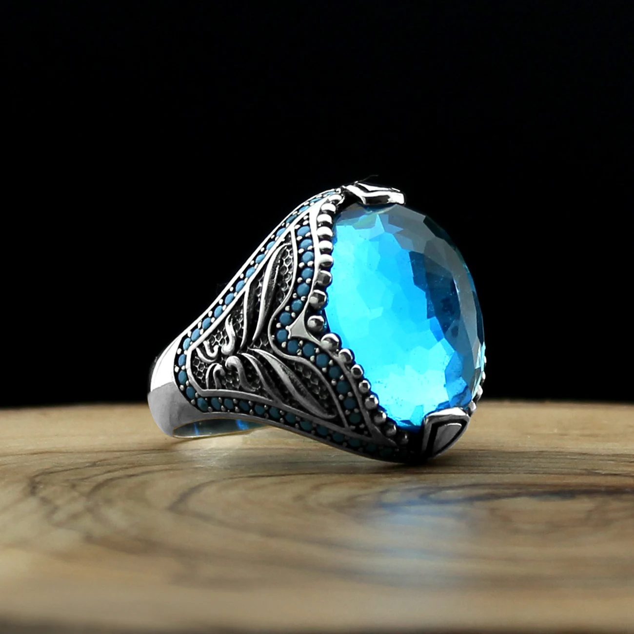 Style turc pur véritable argent Sterling 925 bague en pierre aigue-marine naturelle pour hommes femmes bijoux de haute qualité Punk rétro mode Vintage fait à la main cadeau Zircon Onyx Agate accessoire