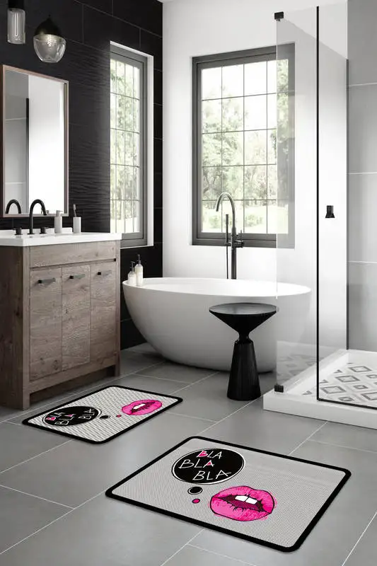 

Bath Mat Love Lips Romantic Bathroom Rug Toilet Carpet 2 Piece Set Non-Slip Home Decor Modern Floor Soft Bamboo Texture