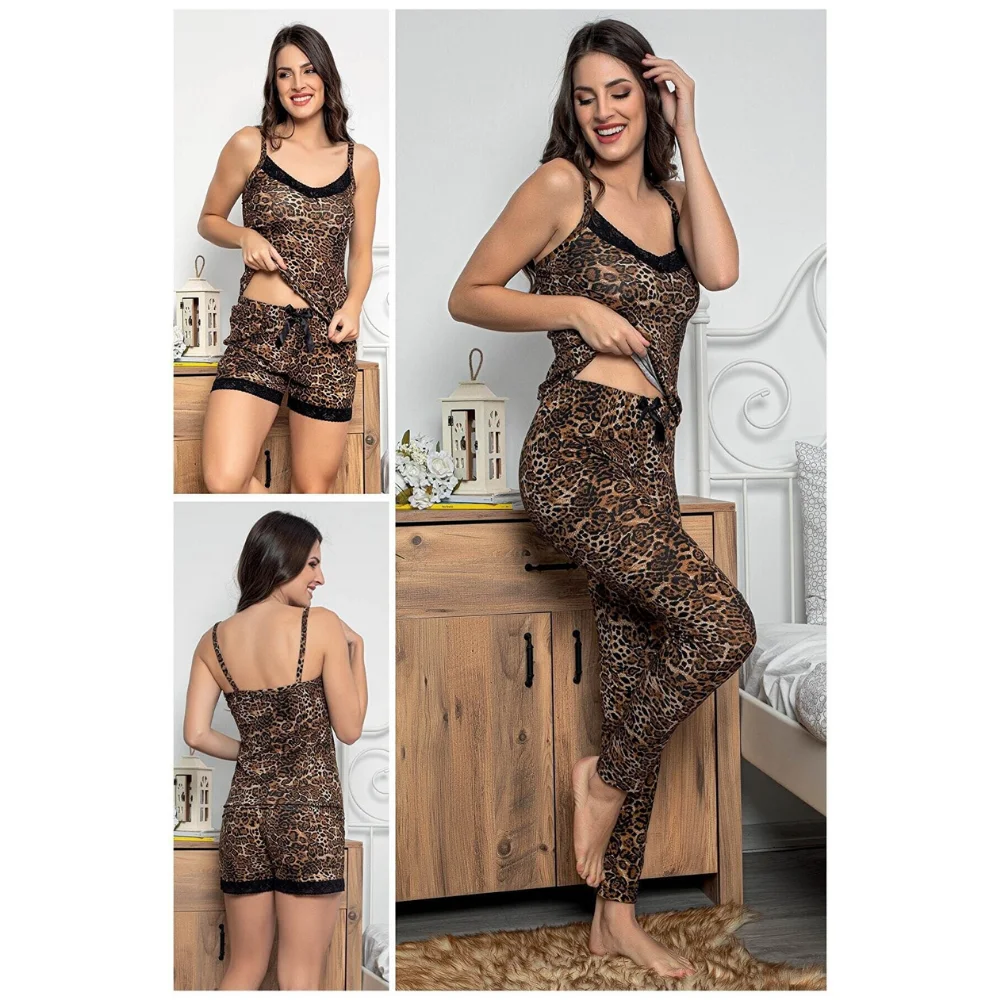 

Women's Leopard Pattern Lace Detailed Shorts And Tights Pajamas Set 3-Piece Trend Fast Delivery pajama sets sailor moon shorts