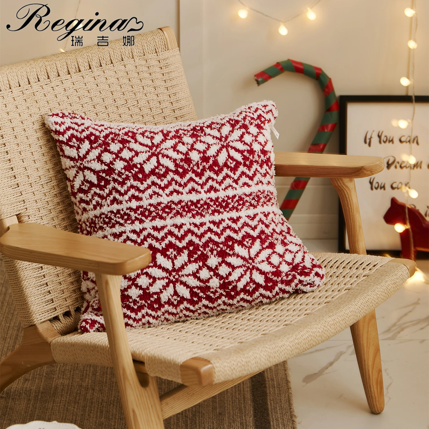 

REGINA Brand Christmas Pattern Cushion Cover 45×45cm Beige Red Cozy Jacquard Knitted Chenille Decorative Throw Pillow Case Cover