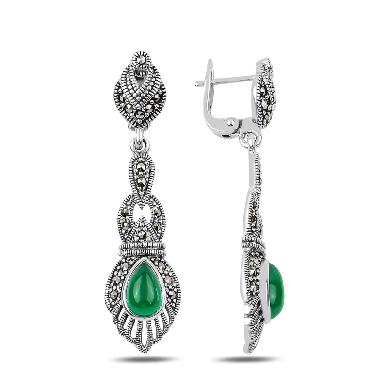 

Серебряные 925 пробы Серьги с марказитом и зеленым агатом