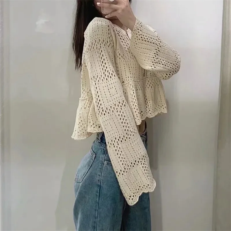 

NWOMN Za Women Sweater Knitted Top Female Mesh Crochet Top Woman Long Sleeve Ruffle Sweater Autumn 2021 Elegant Cropped Sweaters