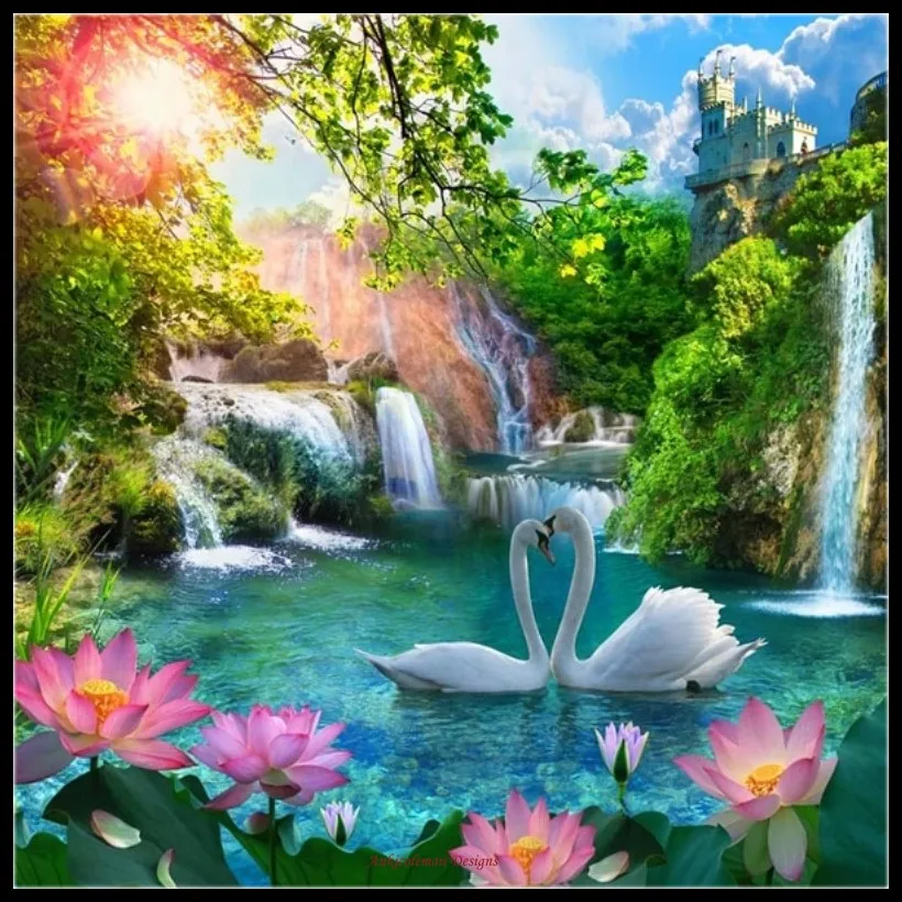 

Embroidery Counted Cross Stitch Kits Needlework - Crafts 14 ct Aida DIY Arts Handmade Decor - Swan Waterfall