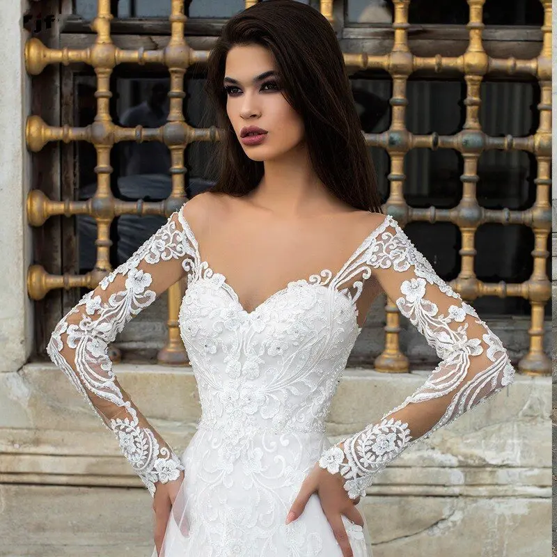Vestido de Noiva Long Sleeve Mermaid Wedding Dress Lace Appliques Illusion Button Back Gown with Detachable Skirt | Свадьбы и