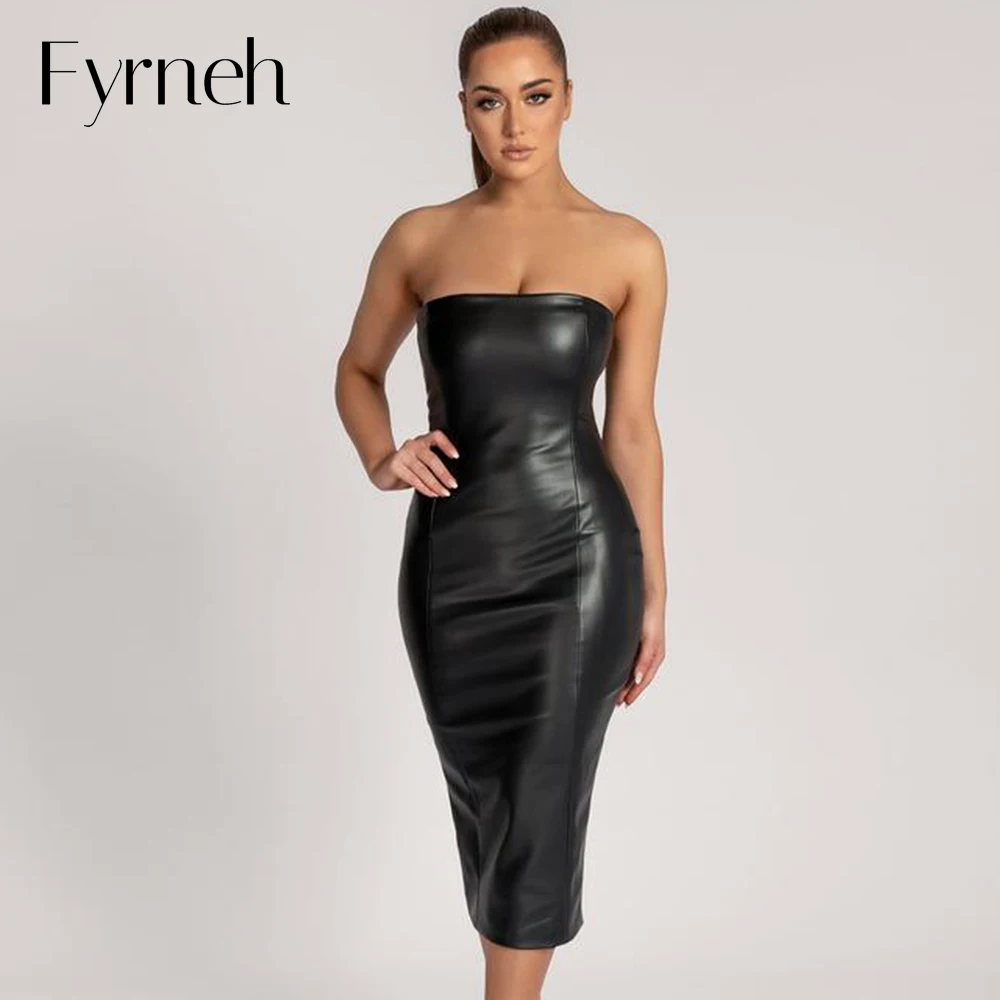 

Кожаное сексуальное элегантное черное платье Fyrneh без бретелек, Клубные наряды для отпуска, феи, гранж, миди-платья на молнии для женщин