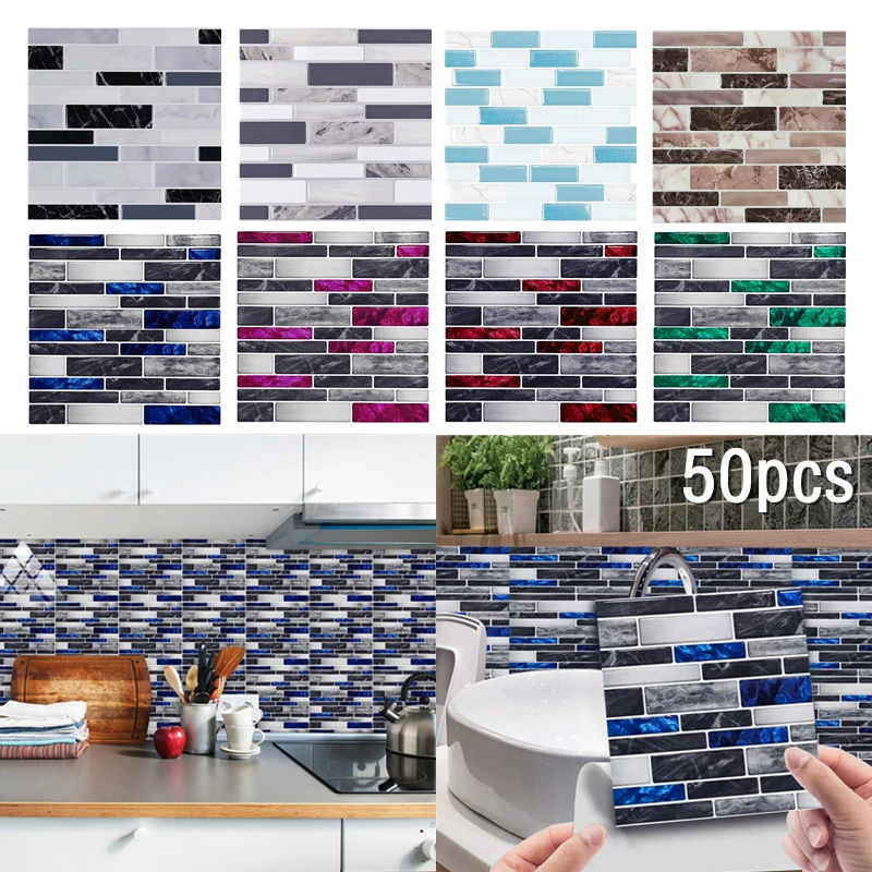 50pcs Set Marble Bricks Printed Wallpaper Mosaic Pattern Tile Stickers Kitchen Bathroom Decorative Wall Paper Film Self-adhesive