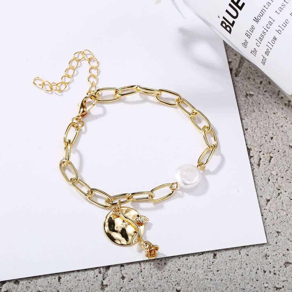 Gold Color Baroque Pearl Metal Link Chain Bracelet Fashion Portrait Coin Paper Clip Charm for Women Pulseras Mujer 2020 | Украшения и