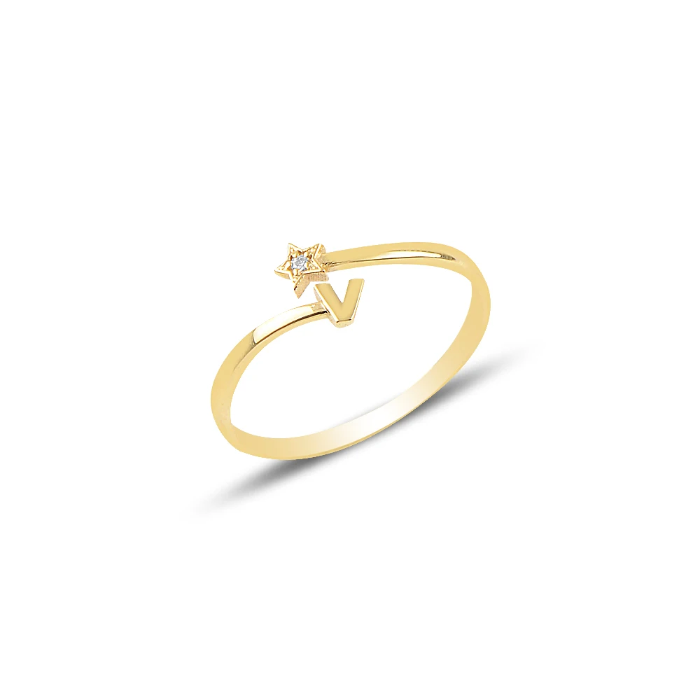 

Diamond 14k Gold Letter Ring - Luxury Female Diamond Ring Real 925 Sterling Silver Engagement Ring Solitaire Wedding Ring