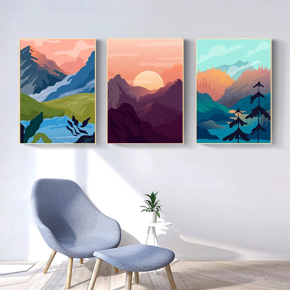 

Nordic Landscape Poster Orange Mountain Canvas Painting Sun Modern Art Print Fashion Wall Picture For Living Room Home Decor