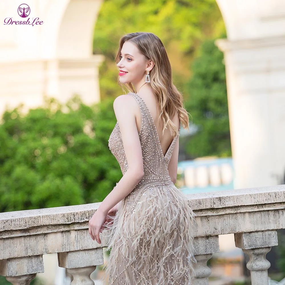 DressbLee Khaki Mermaid Banquet Dress V-neck Dress Full Beaded Crystal and Feather Long Dress Backless Sexy Formal Prom Dress