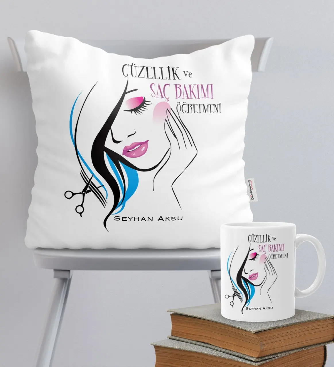 

Personalized Beauty and Hair Care Öğretmeni Themed Pillow Mug Set-1