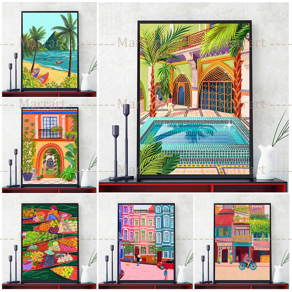 

Morocco And Istanbul Wall Art Canvas Painting Mexican Manor And Thai Water Market Art Poster And Print Travel Scenery Home Decor