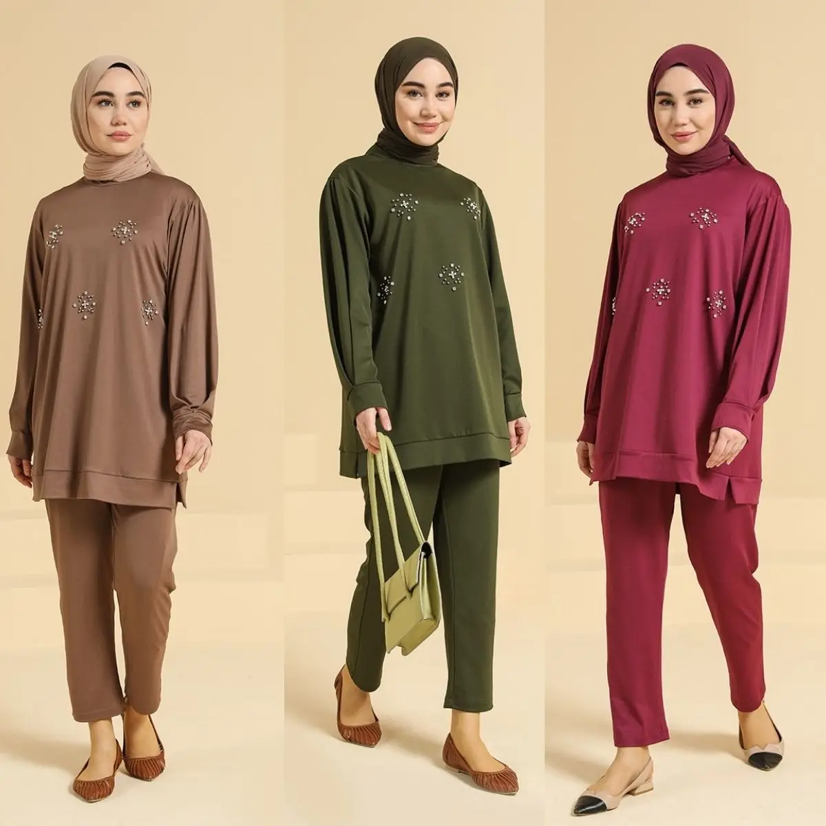 Ramadan Eid Mubarak Patterned Tunic Pants Double Suit Long Sleeve Crew Neck Seasonal Summer Hijab Clothing Muslim Fashion Islami