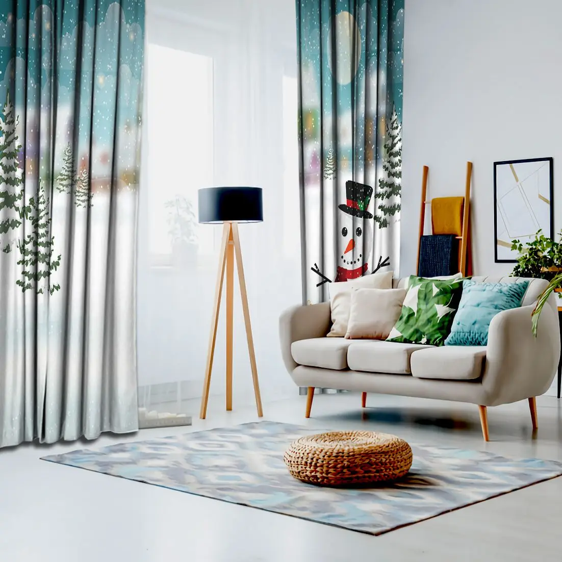 Занавеска зимняя деревня снежные домики пихта Снеговик полная луна звезды