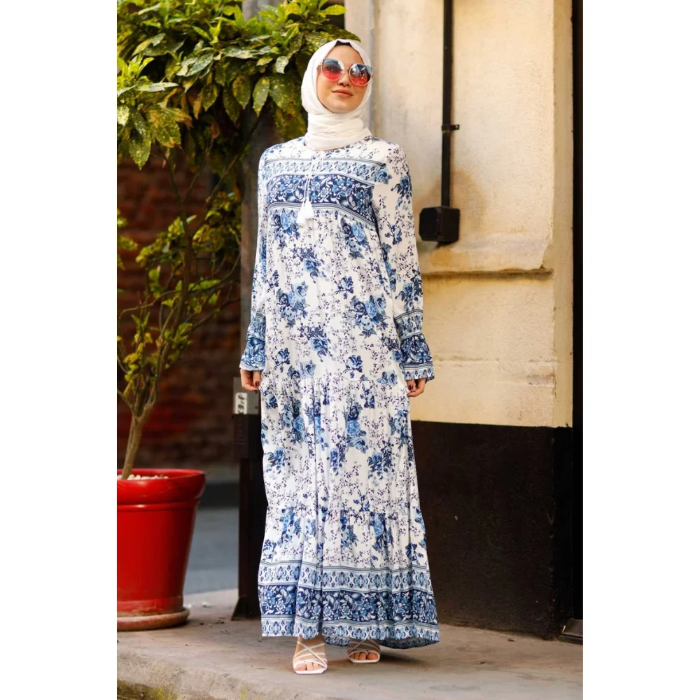 Ebruli Pattern Hijab Dress - Blue -muslim dress women abaya kaftan modest dress abayas for women abaya turkey turkish dresses ab
