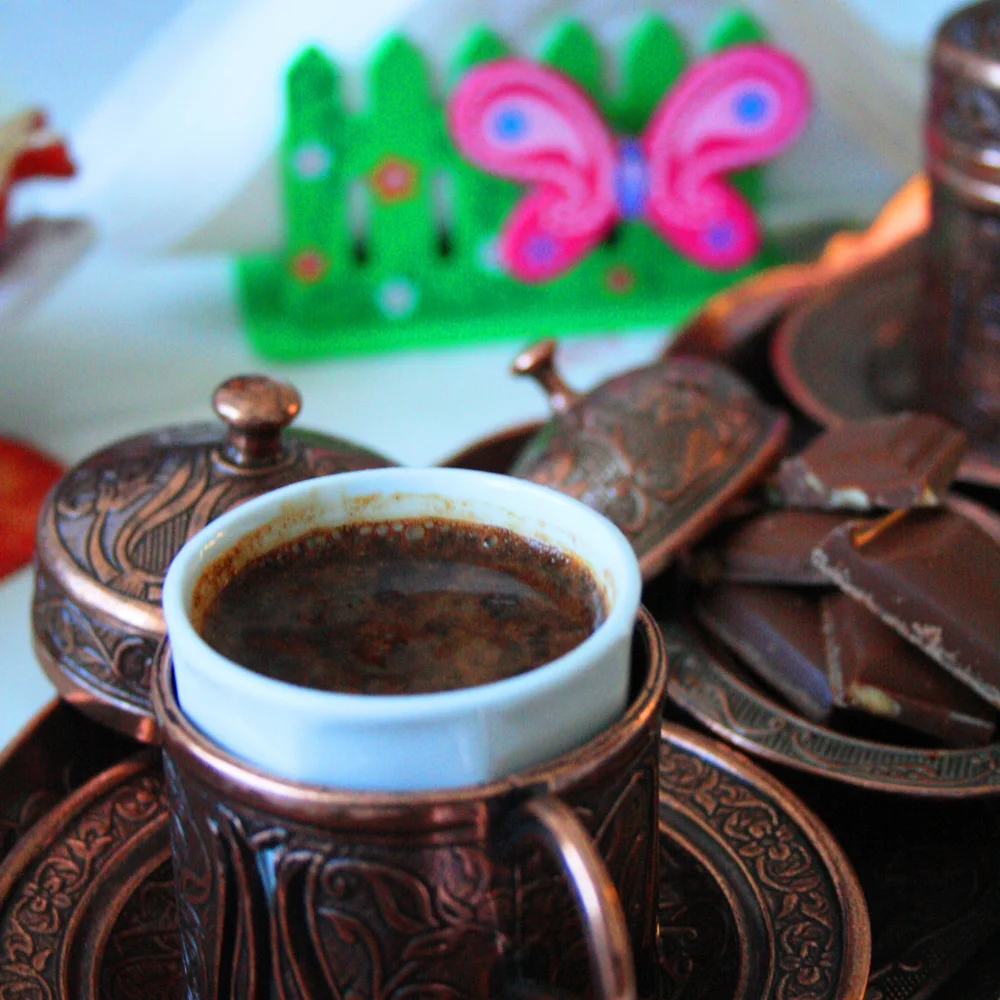 

Turkish Coffee Cup Set with Saucers Copper Handmade for 2 Person Cultural Design Home Kitchen Gift Service Tray Delight
