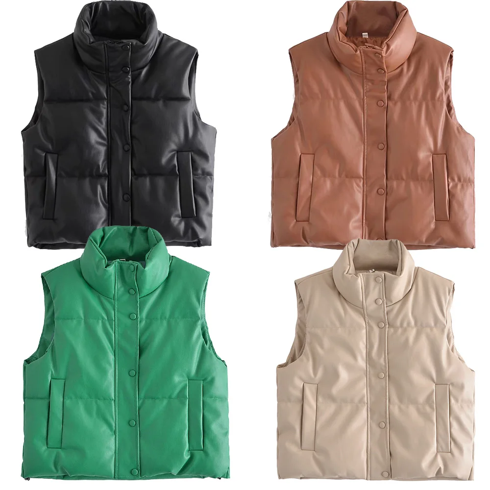 

Obrix Female Faux Leather Vest Mandarin Collar Korean Style Casual Streetwear Outfit For Women