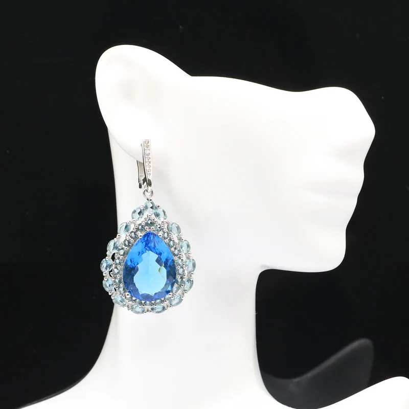 

50x26mm Long Big Jewelry Set Created London Blue Topaz CZ For Woman's Bride Engagement Dating Silver Pendant Earrings