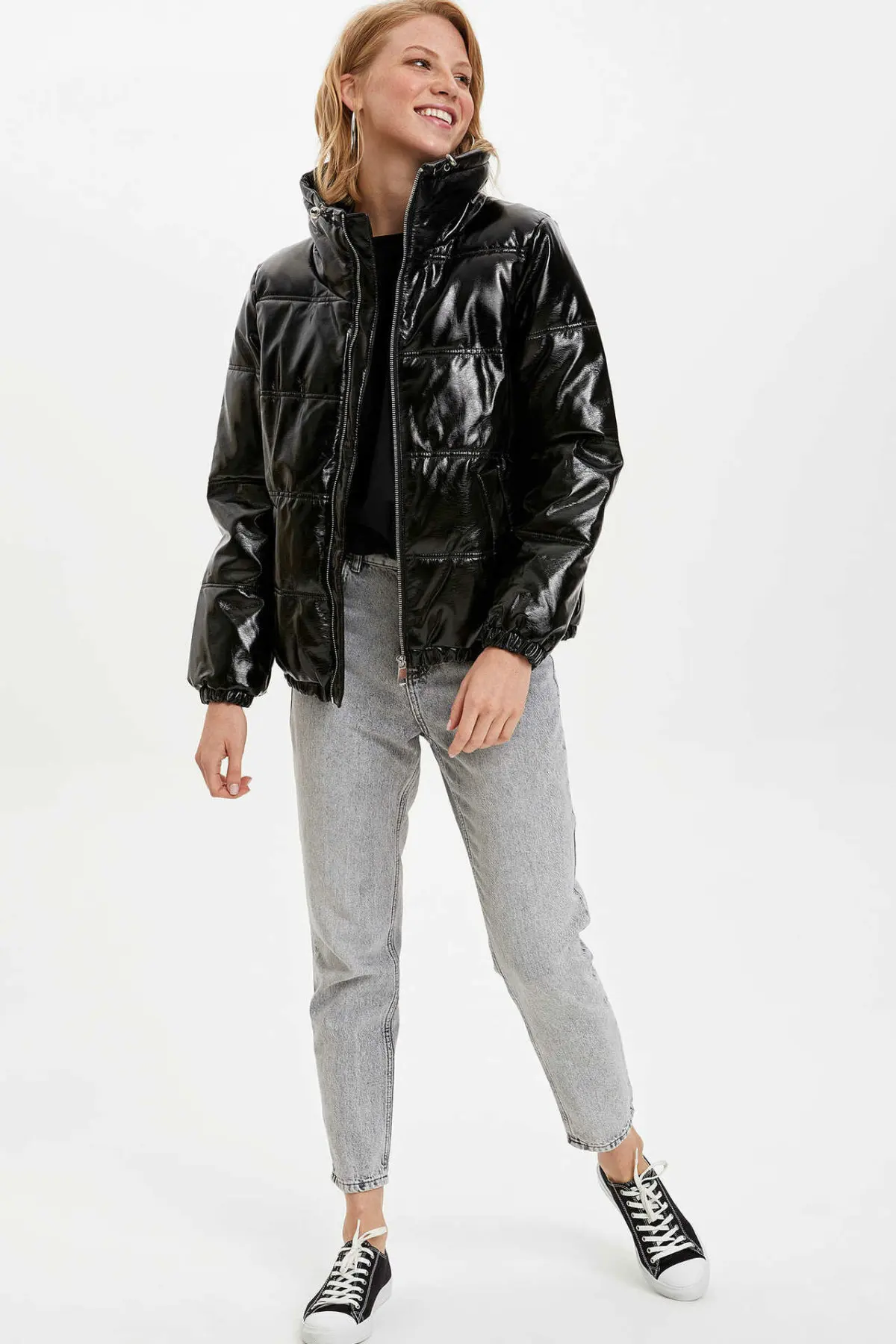 Дефакто Женская мода стоячий воротник утолщенная куртка повседневная глянцевая