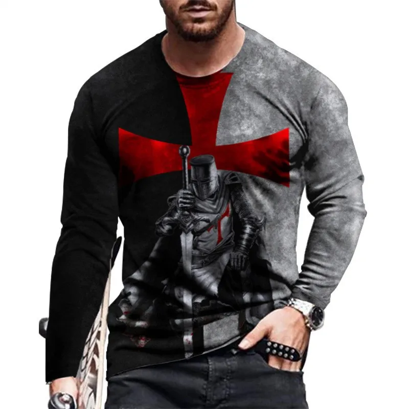 

New Fall Men's Templar 3D Printed T-shirt Long sleeves O Collar Fitness Jogging T-shirt Basic Running men's top