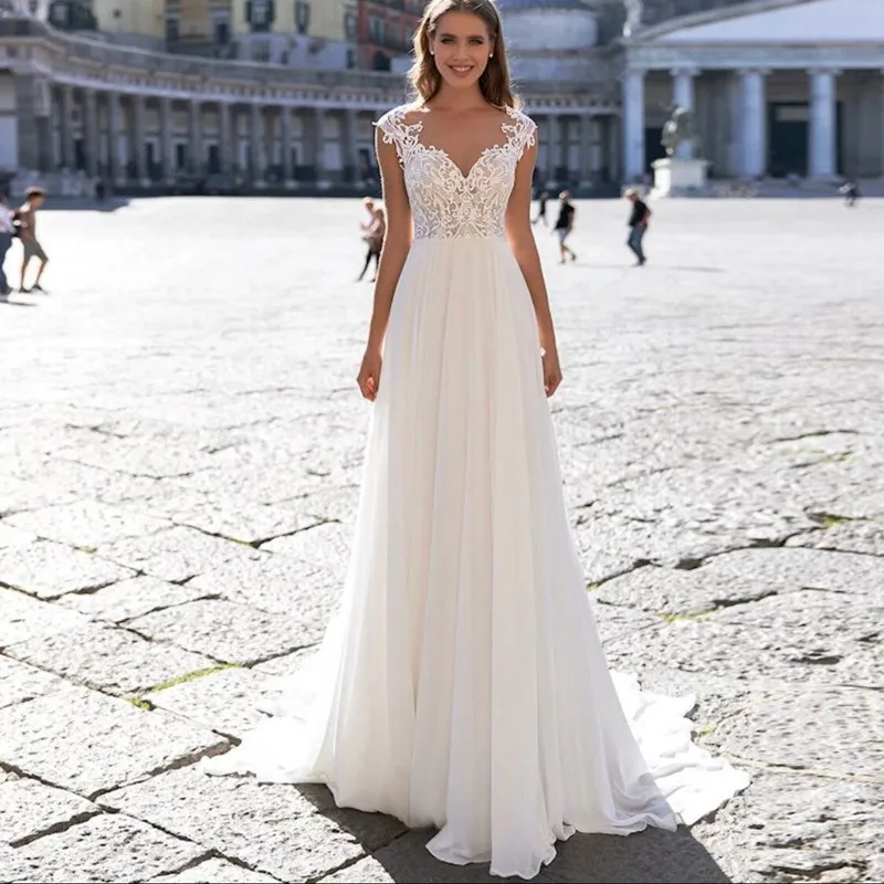 

2022 Boho Wedding Dress A-Line Sheer Neck Cap Sleeve Lace Appliques Sequined Button Floor Length Sweep Train Formal Bride Gown