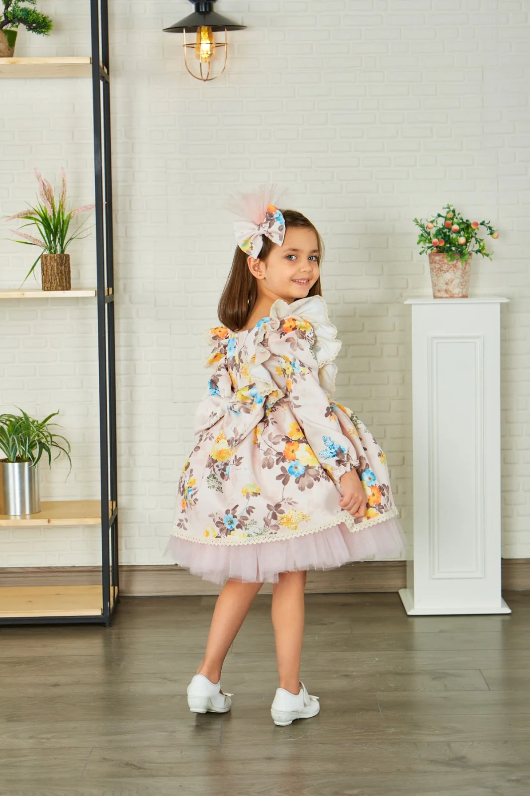 

SCUBA DIVING FABRIC DIGITAL FLOWER PRINTED RUFFLED SLEEVES AND LACE DETAIL ON THE SKIRT WITH DIGITAL FLORAL PRINTING ON THE CHES
