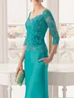 Женское платье до колен, зеленое платье для матери невесты, платье-футляр с V-образным вырезом и рукавом 34, кружевные длинные платья для матери жениха с цветами
