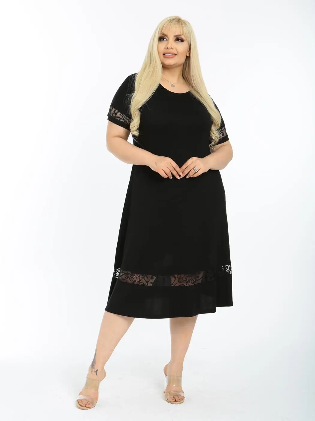 Plus Size Women Clothing 2022 Casual Elegant Dressing Black O-neck A-Line Knee-Length Lycra Knitted Viscose Made in Turkey