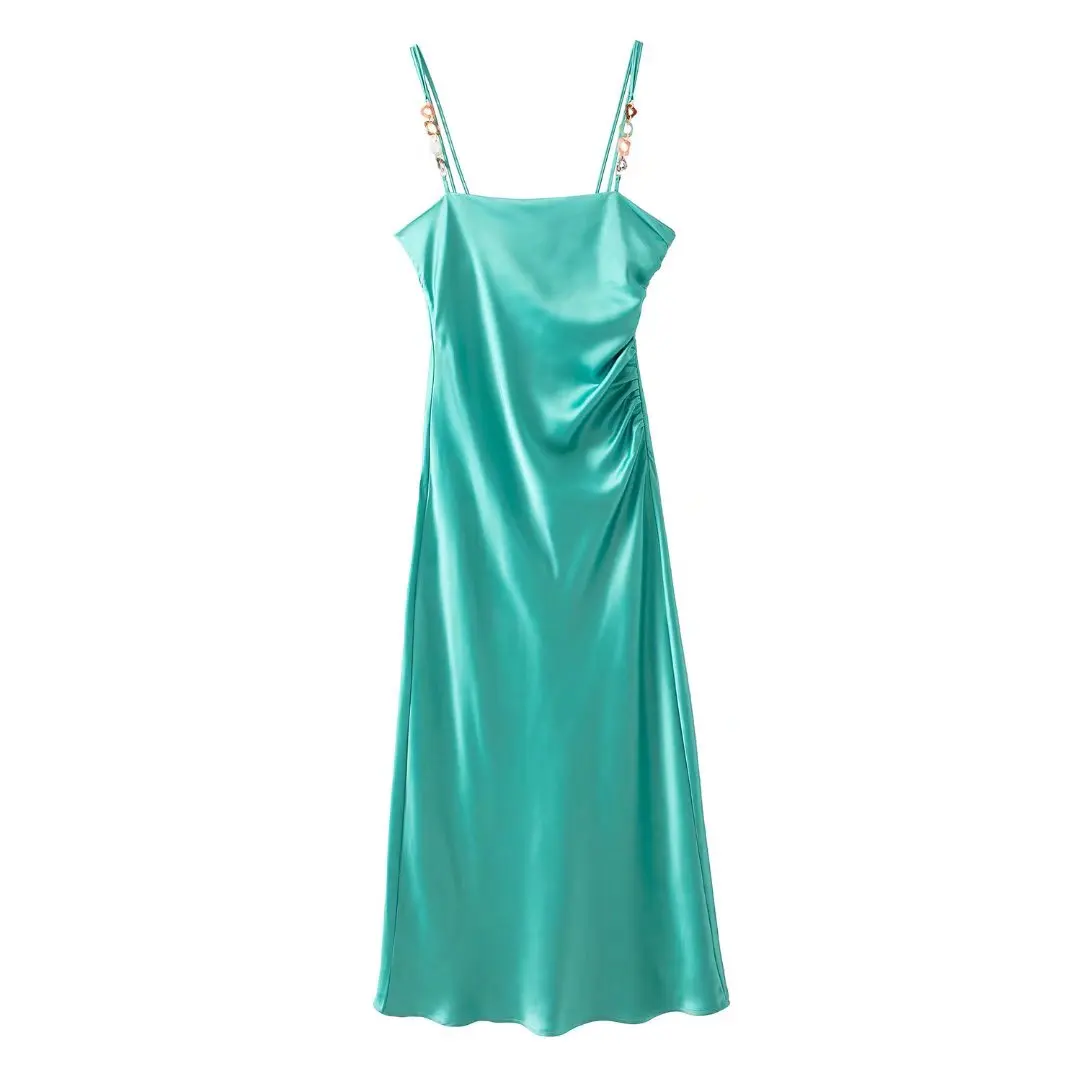 

2022 Women Fashion Satin Sea Green Dress Straps with Chains Female Elegant Maxi Midi Slit Camisole Dress Chic Lady Robe