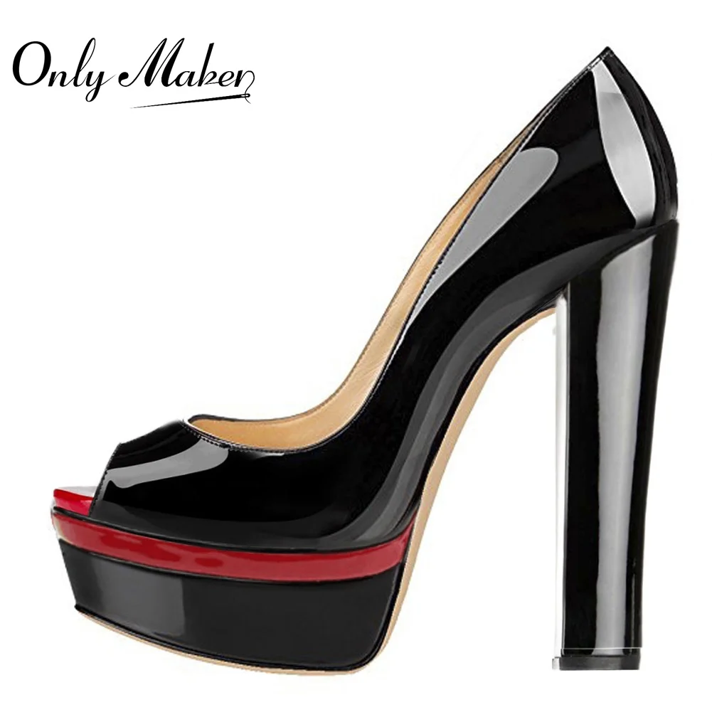 

Onlymaker Women's Peep Toe Super High Heel Platform Slip On Pumps Block Chunky Heels Wedding Party Shoes Red Black Large Size