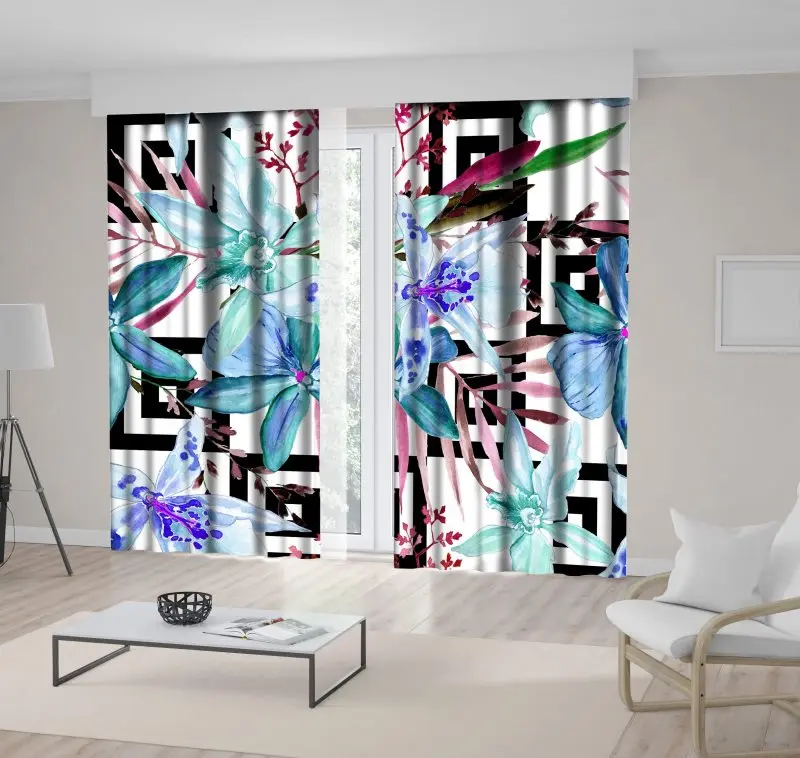 Занавес Цветы Орхидеи Листья узор на геометрическом черно белом фоне