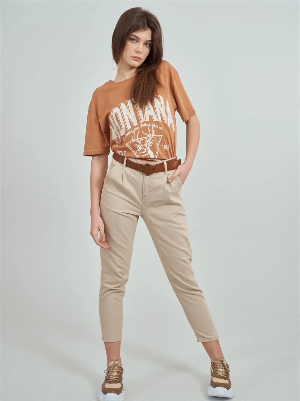 

New Trend Women's Fabric Belted Skinny Trousers