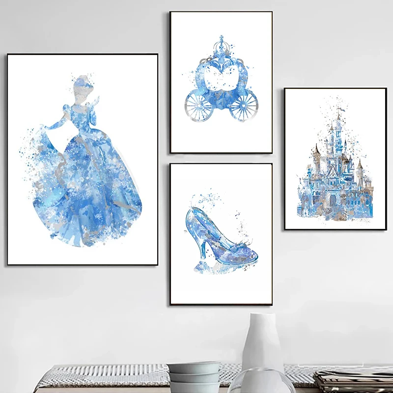 

Watercolor Disney Princess Posters Prints For Kids Bedroom Disneyland Cinderella Castle Shoe Canvas Painting Wall Art Home Decor