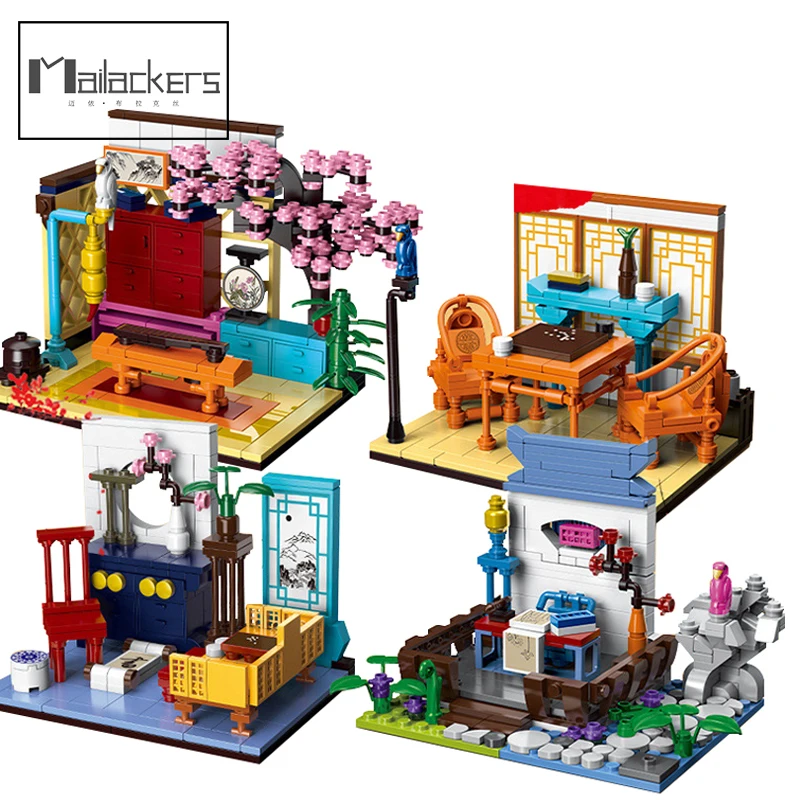

Mailackers Chinese Style Building Blocks Painting Calligraphy Piano And Chess Interior Decorations MOC Accessories Bricks Toys
