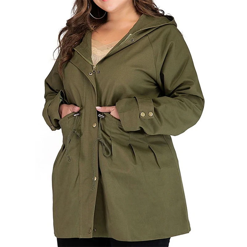 2021 Plus Size Women'S Mid-Length Waist Thin Army Green Hooded Windbreaker  Long-Sleeved Large Size Women'S Denim Jacket