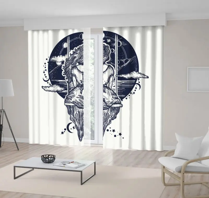 

Curtain Girl on Swing Flies to Sky Stars Lunar Phases Dream Love Imagination Adventure Artwork Navy White