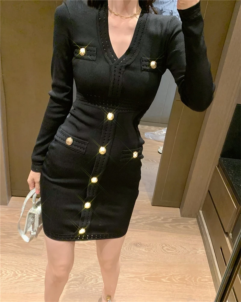 Женское осеннее элегантное мини-платье-трапеция с V-образным вырезом однобортное