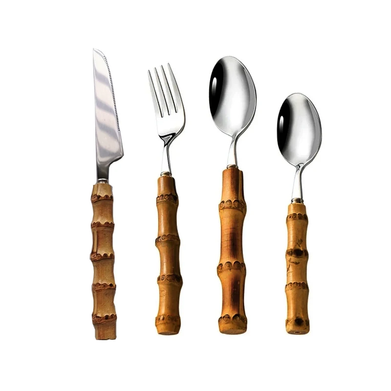 Набор столовых приборов из натурального бамбука: 4 шт. Ножи для стейка из нержавеющей стали, вилки, ложки для десертов и кухонные принадлежности.
