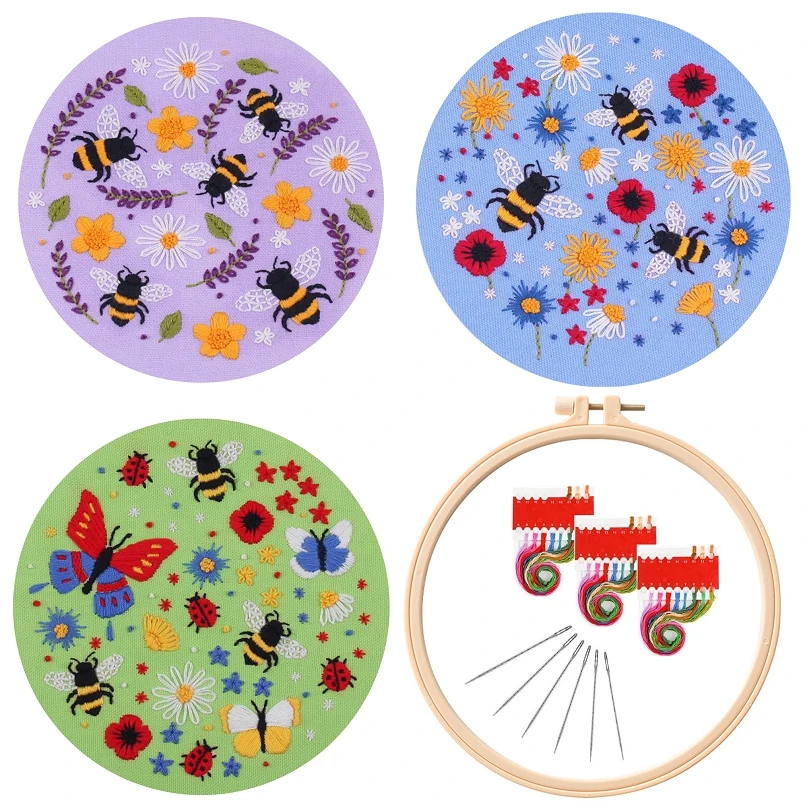 

3 Pcs Bee Embroidery Starter Kit for Beginners, Modern Embroidery Kits, Contains all Embroidery Tools, English Description