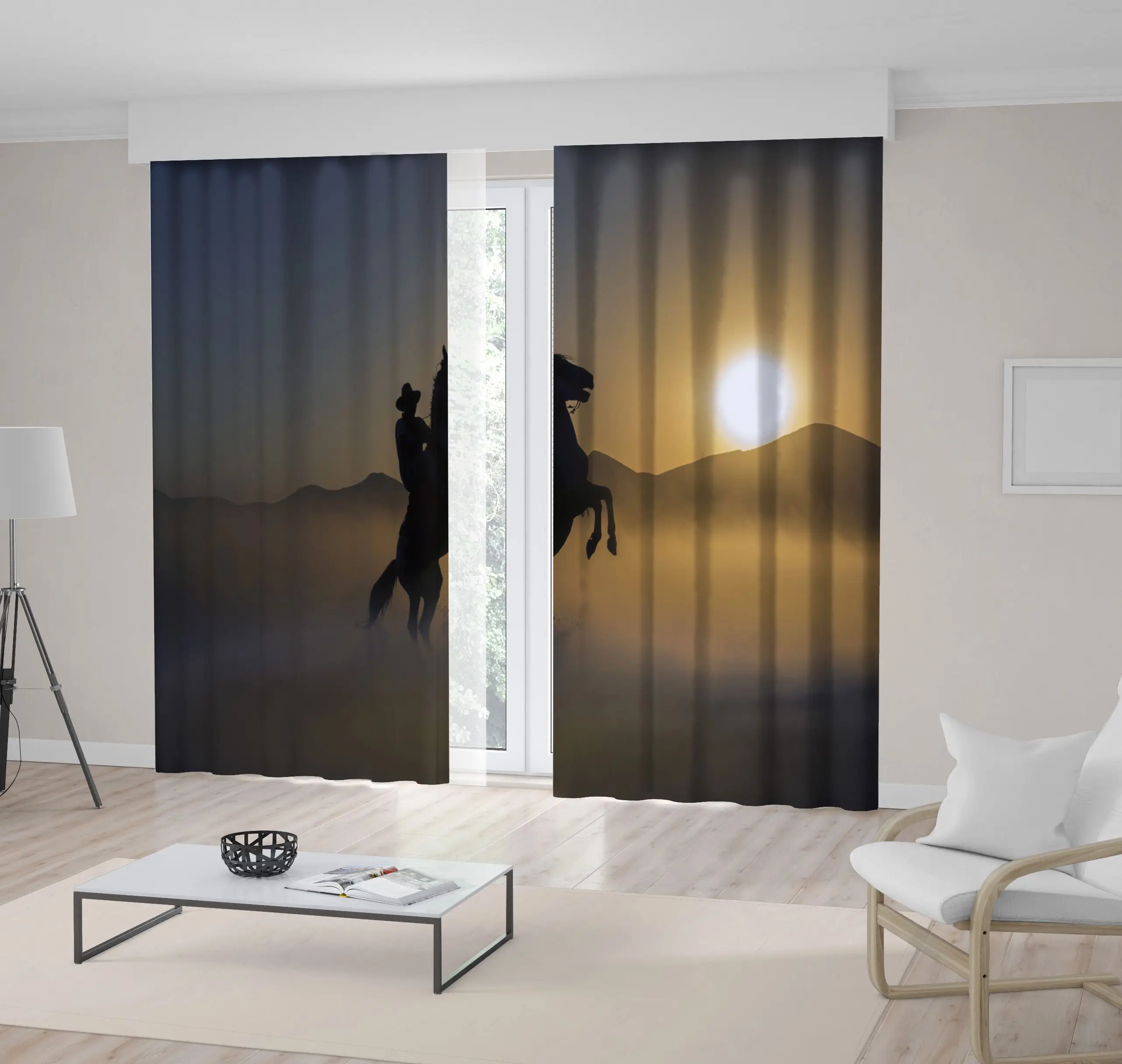 

Curtain Cowboy Silhouette On A Horse Nice Sunset And Rear Up Photo Printed Navy Brown