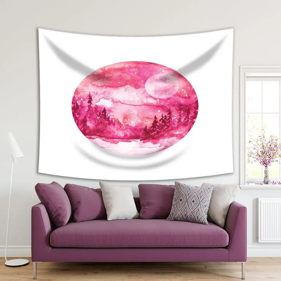 

Tapestry Fir Pine Trees and Bushes Night Sky with Stars Full Moon Watercolor Painting in Circle Shape Artwork Wholesale