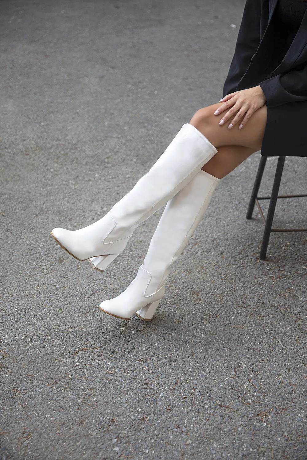 

Handmade Shoes Women's Block Toe Leather Boots White Color