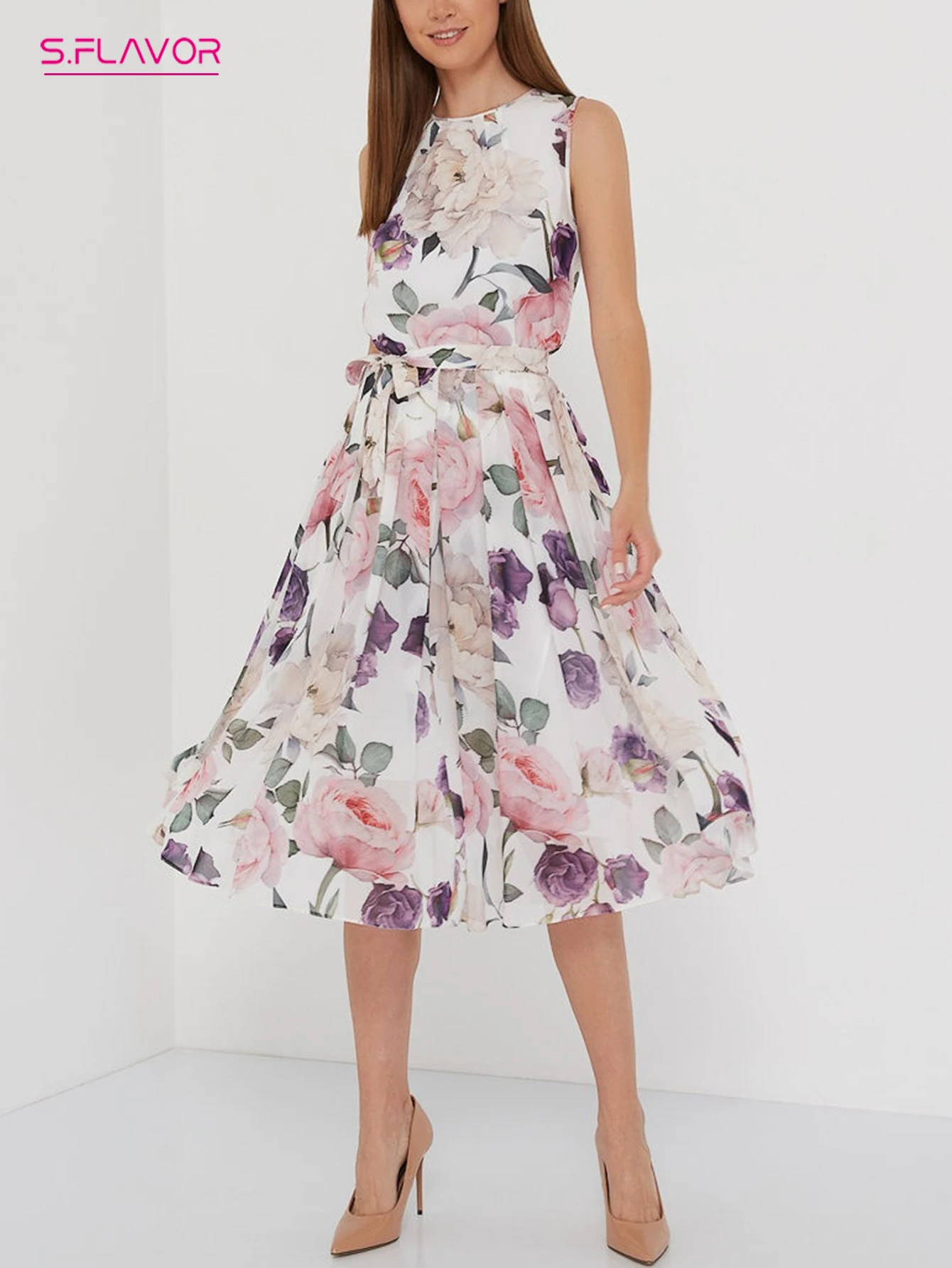 

S.FLAVOR Women Summer O Neck Sleeveless Dress Women Floral Print Vintage Midi Vestidos De Bohemian Style A-line Sundress Female
