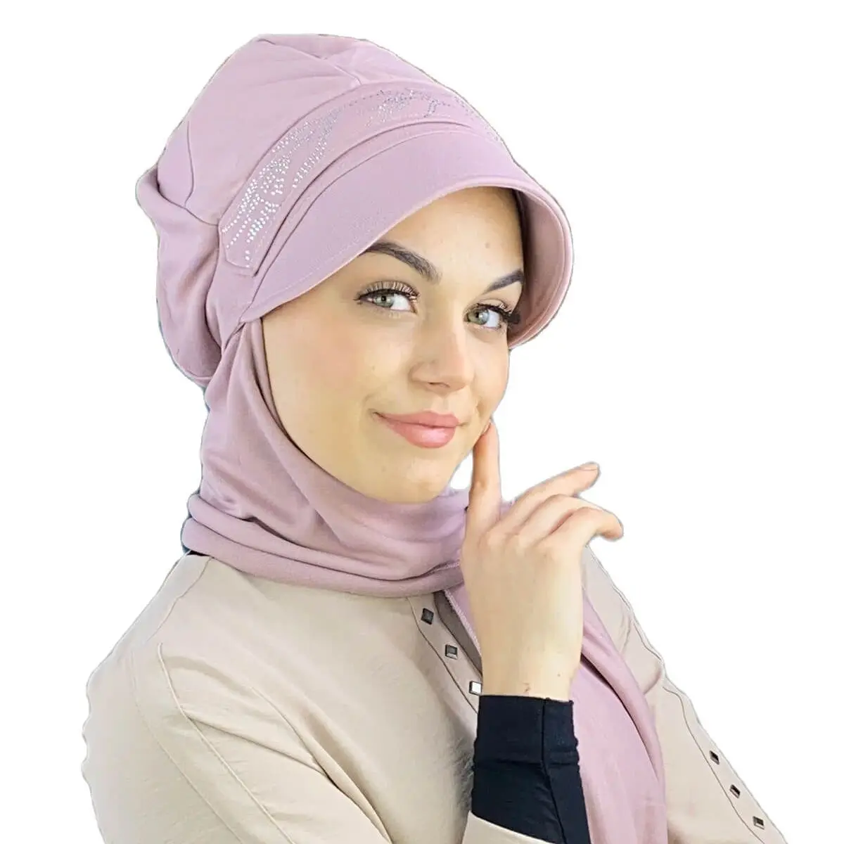 Tulip Pattern White Cubic Zirconia Pink New Fashion Islamic Muslim Women Scarf 2021 Trend Hijab Which Are Immediately Ready-to-Wear Hat Beret bone