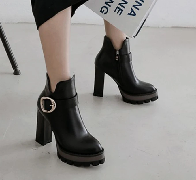 Европейские ботильоны с закругленным носком на высоком толстом каблуке Женская