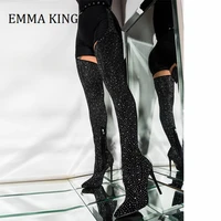autumn women belted thigh high stiletto chap boots fall crystal elastic over the knee botas pointed toe buckle strap woman shoes